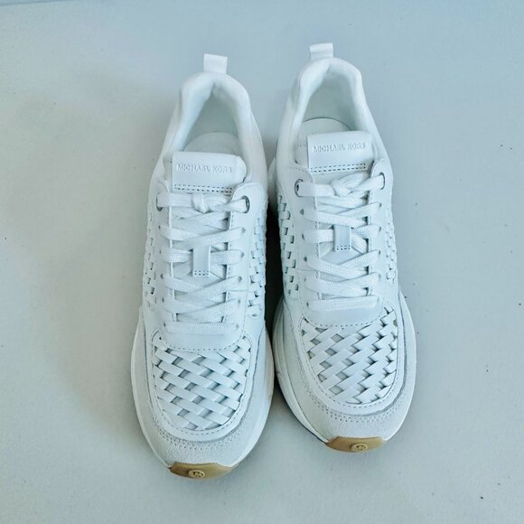 NEW IN BOX MICHAEL KORS KATRINA WEDGE TRAINER WOVEN OPTIC WHITE SNEAKERS - Picture 2 of 10